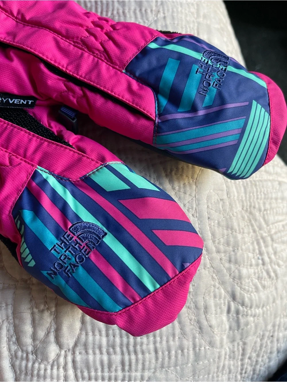 The North Face Kids Pink Mittens with Multi-Color Stripe Accents